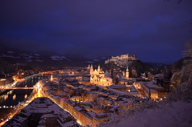 Salzburg City at Night in Winter